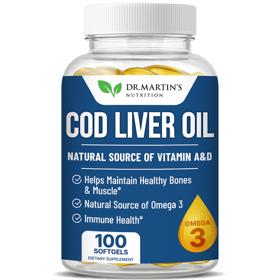 Dr. Martin's Burpless Cod Liver Oil Softgels, Omega 3 EPA DHA Vitamin A & D3, 100 Count