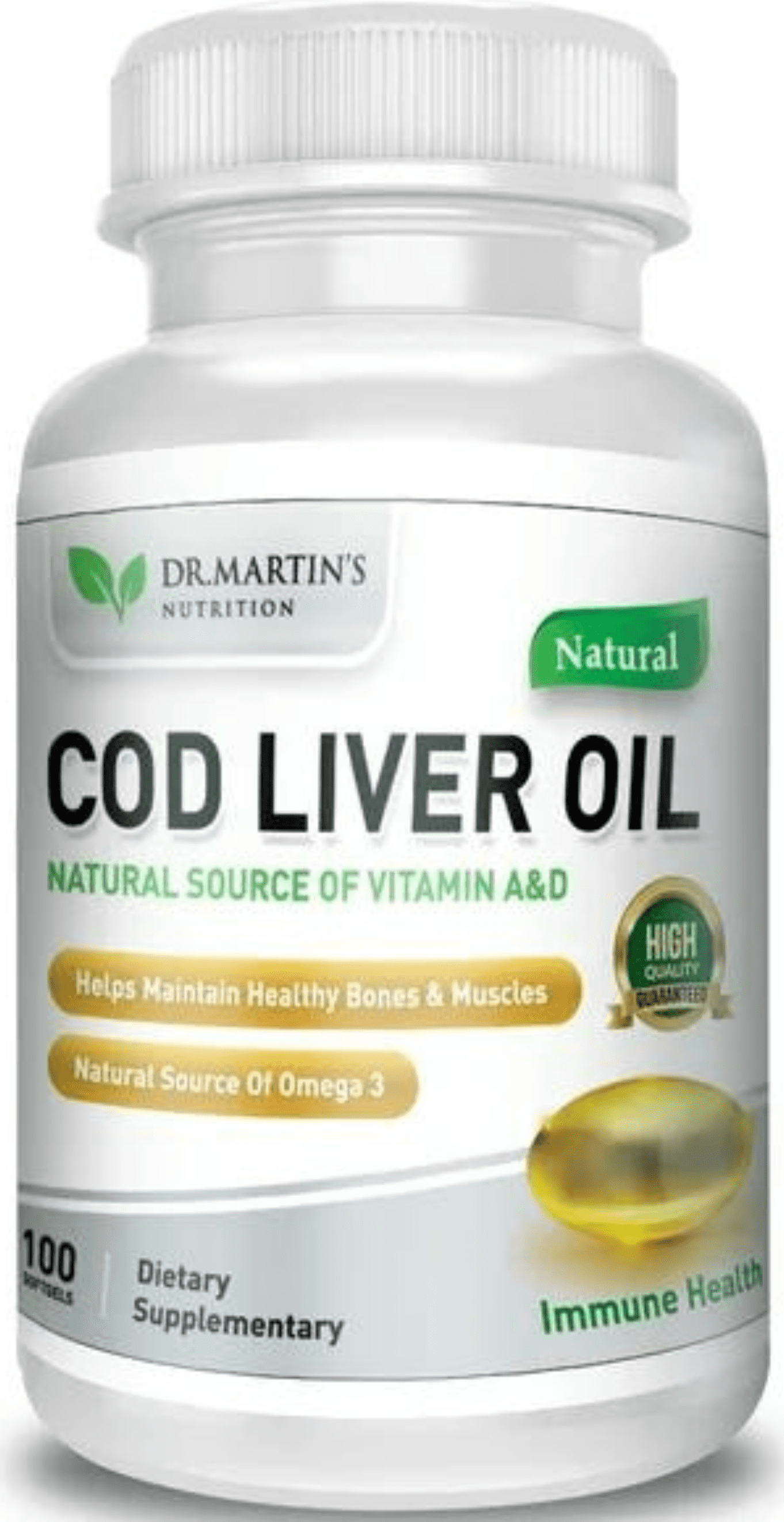 Burpless Cod Liver Oil Supplement | 100 Ct | Omega 3 Fish Oil | EPA & DHA | Vitamins A & D | DR MARTIN'S NUTRITION