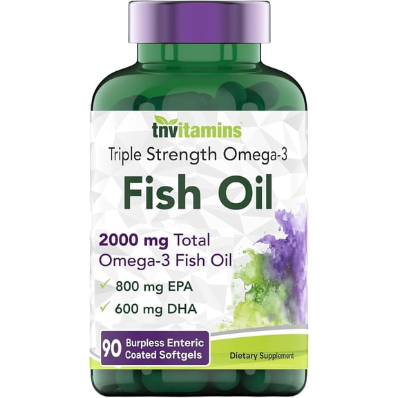 TNVitamins Burpless Omega 3 Fish Oil 2000mg Enteric Coated Softgels with Epa Dha Wild Caught Purified Omega 3 Fatty Acid Supplements Mercury Free, Count 90