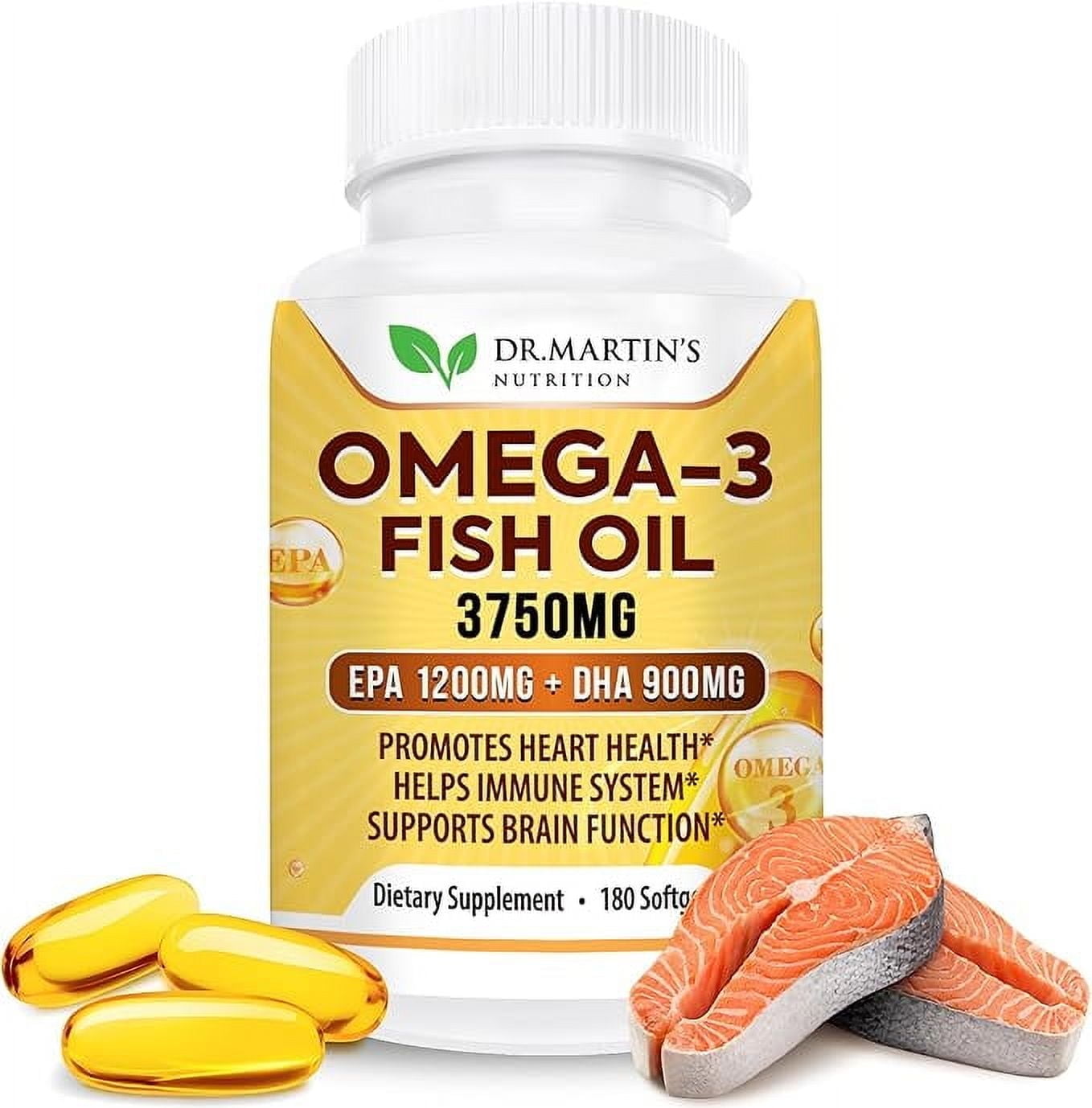 Omega 3 Fish Oil 3750mg Triple Strength | EPA 1200mg + DHA 900mg Fatty Acids | Fish Oil Omega 3 Supplement | Promotes Healthy Heart, Immune System, Eyes, Skin & Brain Function | 180 Burpless Softgels