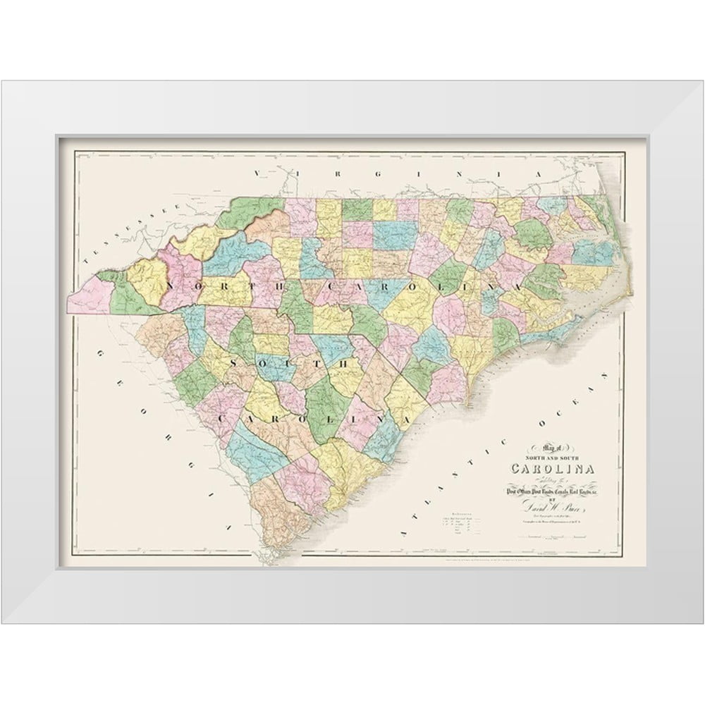 North and South Carolina 1839 Map Print in White Modern Frame