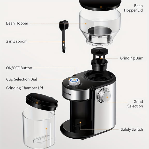 Burr Coffee Grinder, Adjustable Burr Mill with 16 Precise Grind Setting for 2-14 Cup, Stainless Steel.