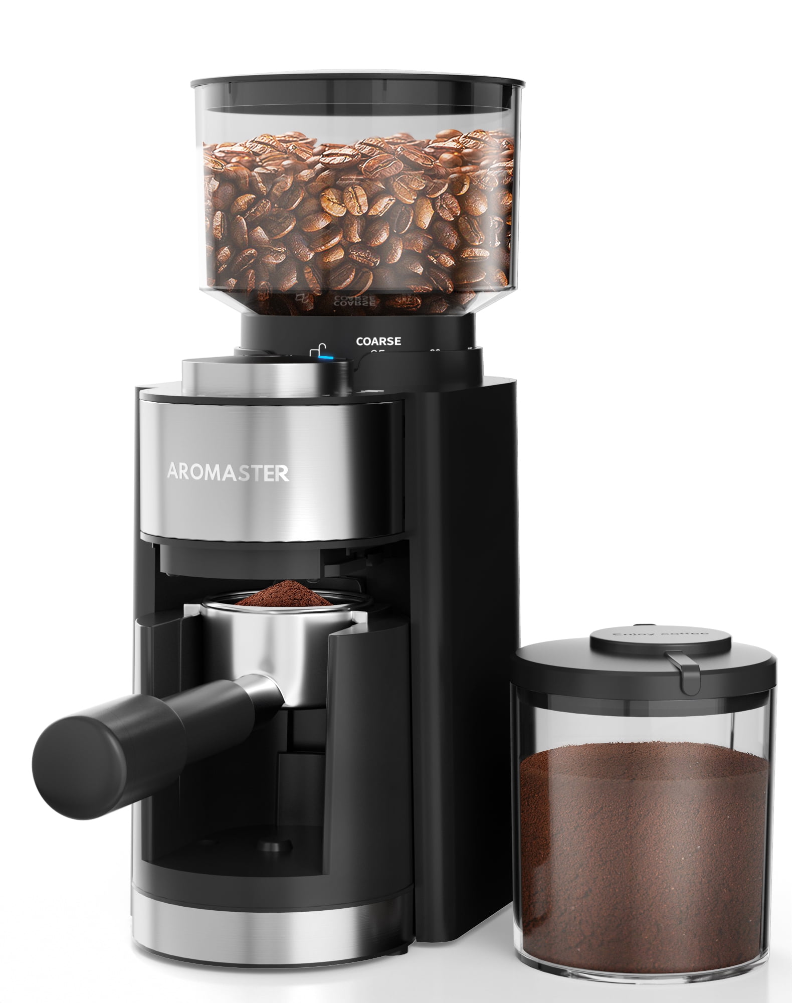 Aromaster Black Stainless Steel Burr Coffee Grinder with Adjustable Grind