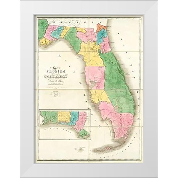 Burr, David 11x14 White Modern Wood Framed Museum Art Print Titled - Map of Florida, 1839