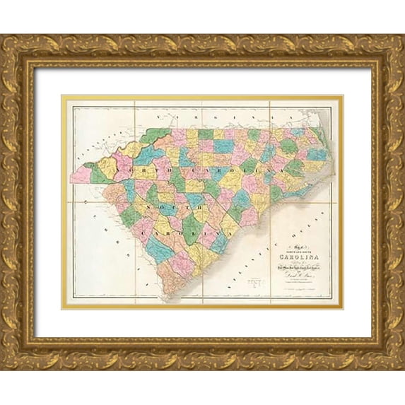 Burr, David 24x19 Gold Ornate Wood Framed with Double Matting Museum Art Print Titled - Map of North and South Carolina, 1839