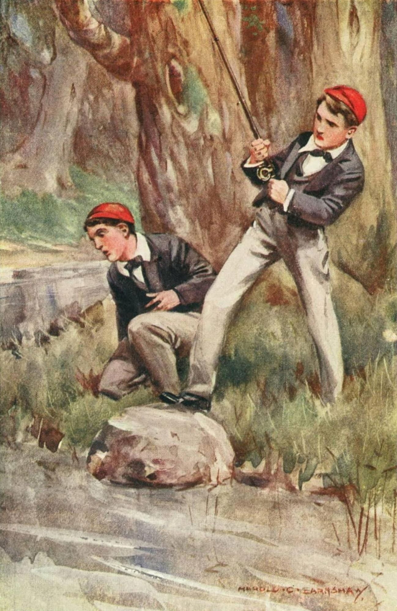 Burr Junior 1891 Schoolboys fishing Canvas Art - Harold Earnshaw (24 x 36)