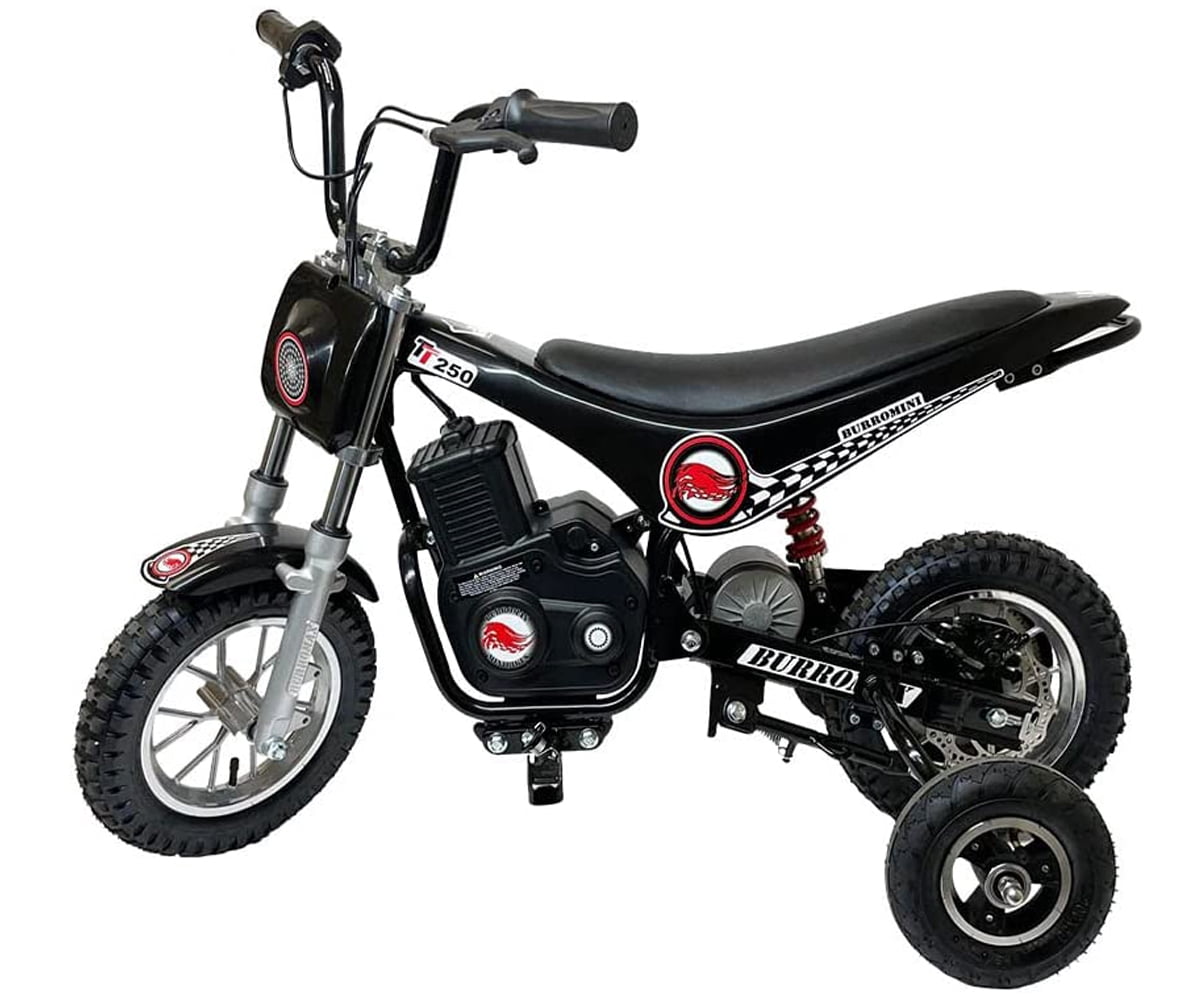 Burromax TT250 Electric Dirt Bike for Kids, 250w 24v 7ah, 2 Speeds, 14 Mph, Up to 150lb Rider, Off-Road Electric Mini Bike (Black with Training Wheels)