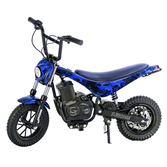 Burromax TT350R, 350w 24v Lithium Ion, 2 Speeds, 17 mph, up to 180lb Rider, Electric Mini Bike (Blue Flames)