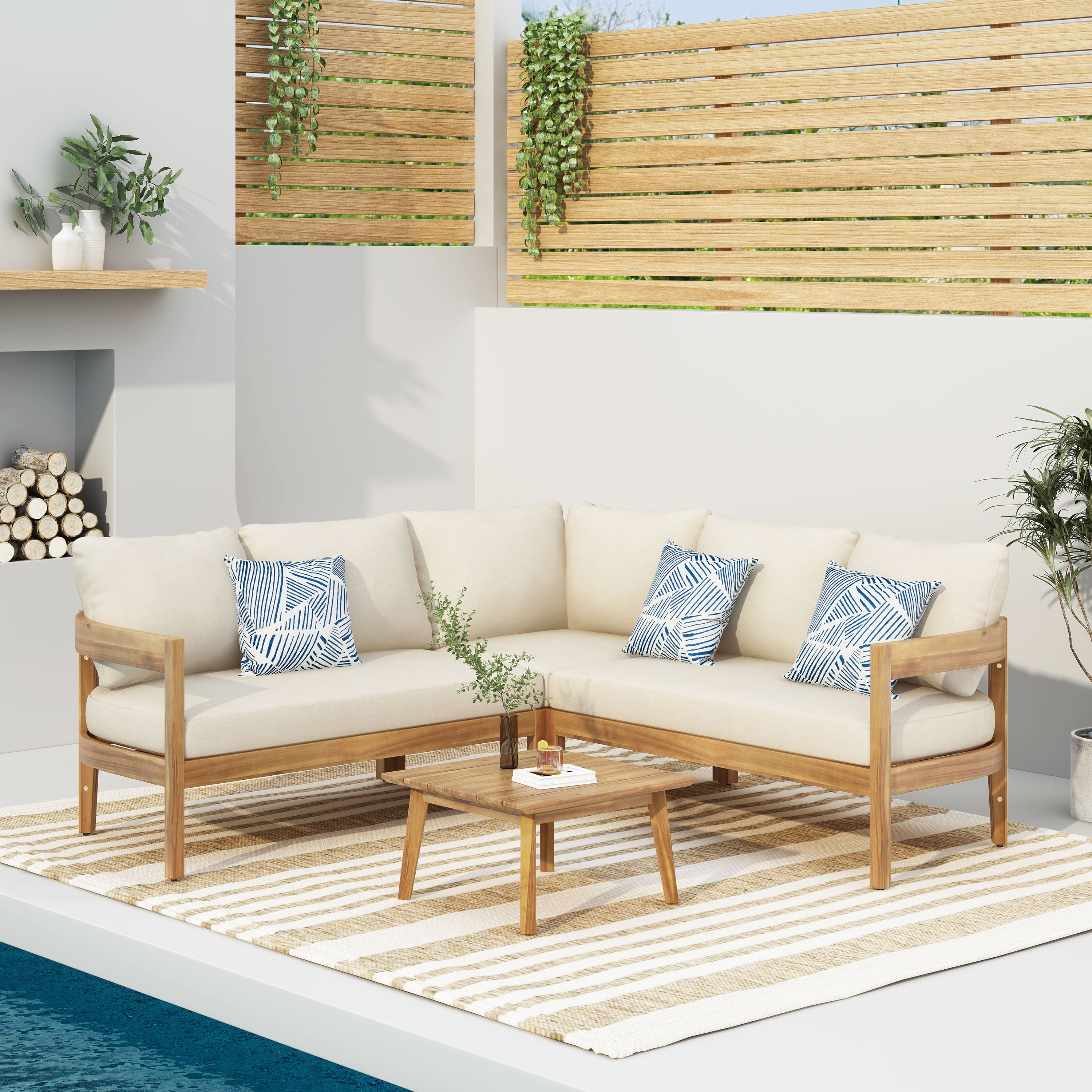 Burrough Acacia Wood Outdoor 5 Seater Sectional Sofa Chat Set with Cushions, Teak and Beige