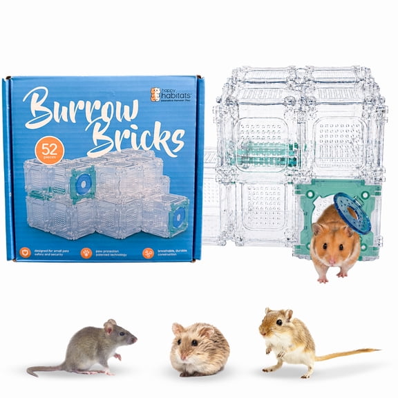 Burrow Bricks Hamster Maze Kit DIY Custom Hamster Tunnels that Also Fit Gerbils & Guinea Pigs 52 Piece Pet Rat Cage Accessories with Modular Clear Panels, Doors & Connectors
