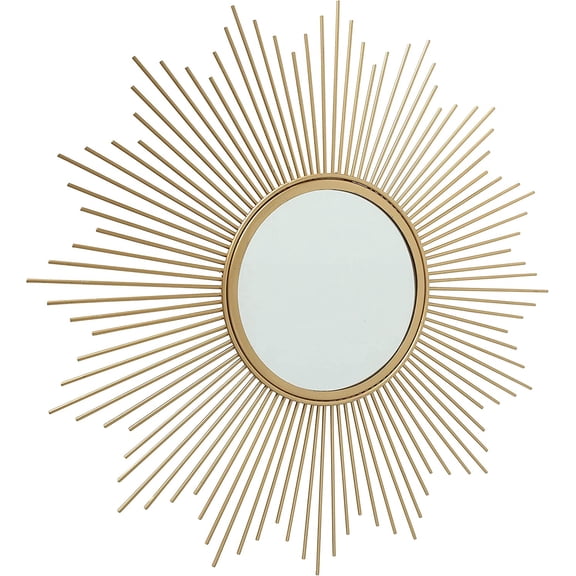 Burst Accent Mirror, Brilliant Reflective Glass, Circular Metal Frame, Inset Bevel, Golden Gilt Finish, Radiant Petals or Beams Frame, 19.75 Inches Diameter
