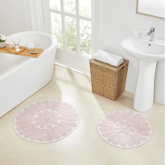 Bursting Flower 2 Pc Bath Rug Set -WHITE AND BLUSH (30" ROUND & 24" ROUND)