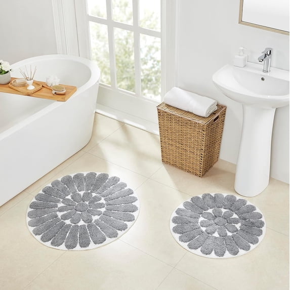 Bursting Flower 2 Pc Bath Rug Set -WHITE AND PEWTER (30" ROUND & 24" ROUND)