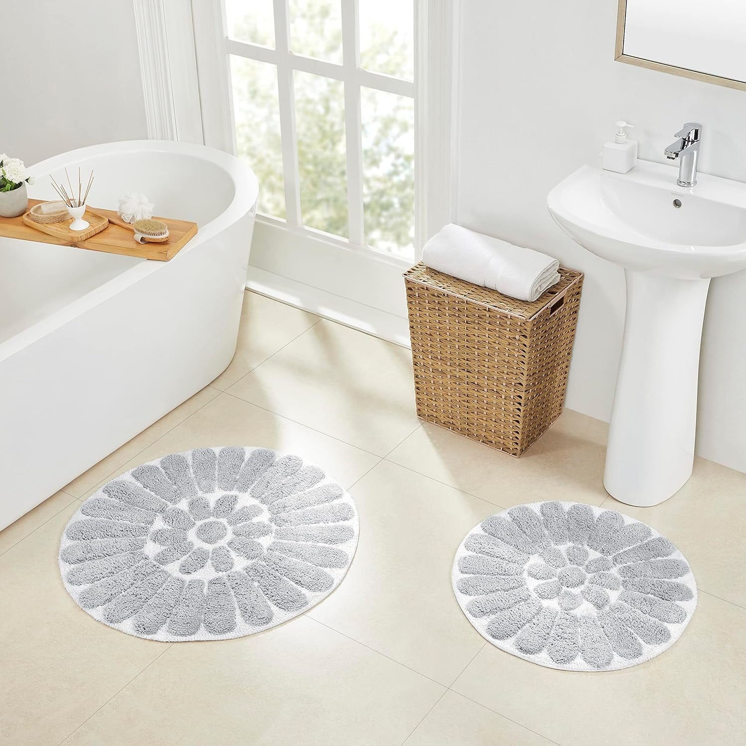 White and Light Gray Cotton Floral Round Bath Rug Set