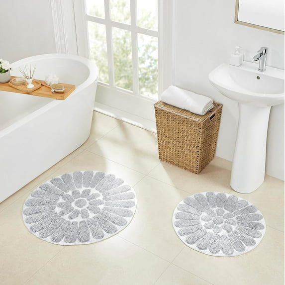 Bursting Flower 2 Pc Bath Rug Set - WHITE/LIGHT (30" ROUND & 24" ROUND)