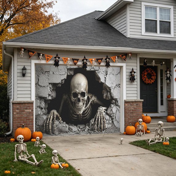Bursting Wall Skeleton Halloween Garage Door Cover Large Backdrop for Outside Home Halloween Party Display