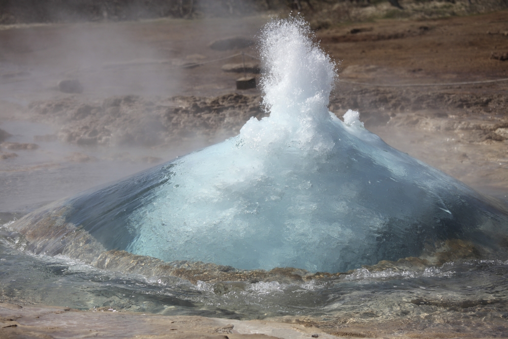 Bursting water bubble at onset of eruption of Strokkur Geysir Iceland Canvas Art - Richard RoscoeStocktrek Images (18 x 12)