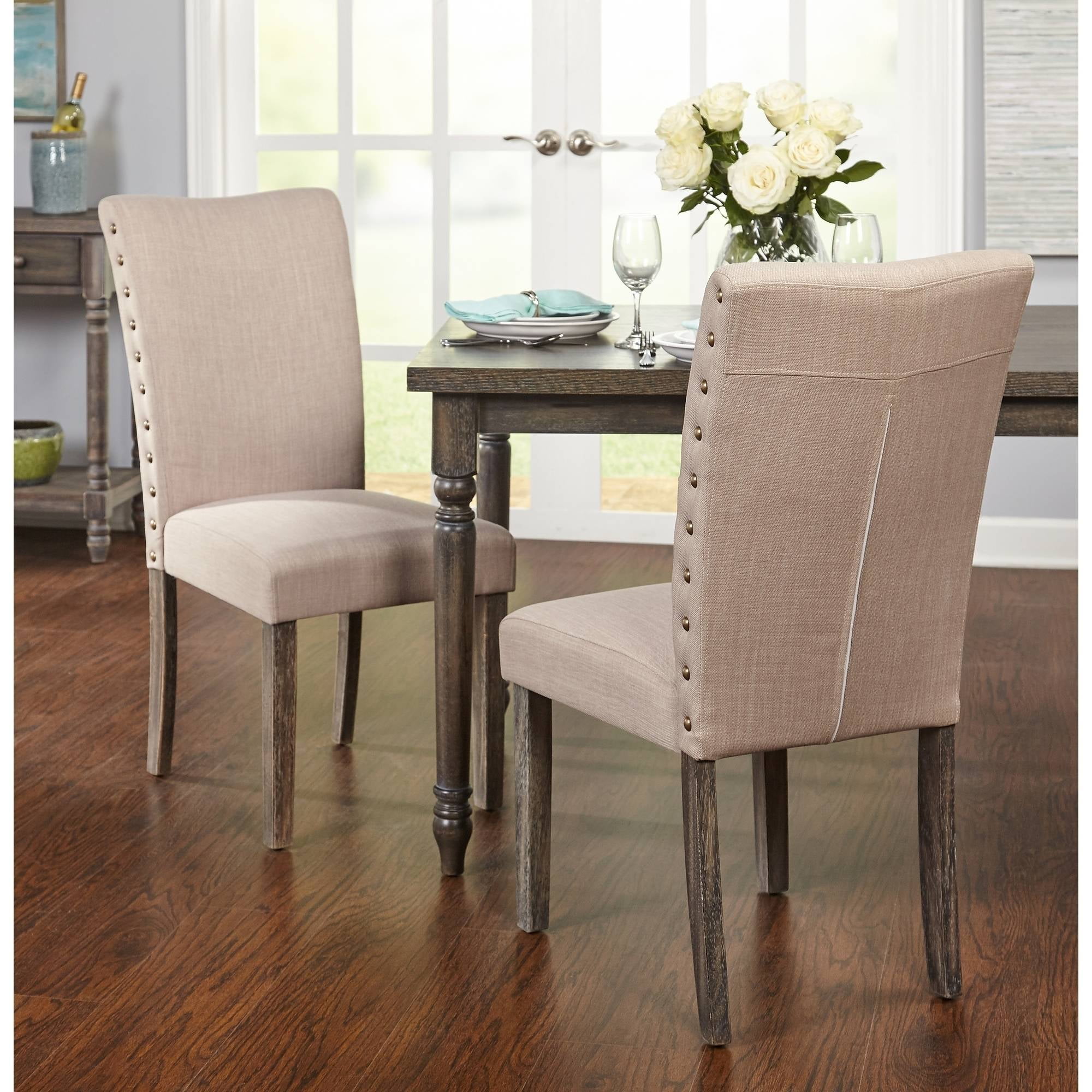Set of 2 Light Gray Linen Upholstered Parsons Side Chairs with Weathered Wood Legs