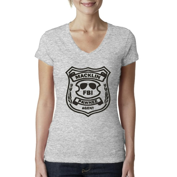 Burt Macklin Parks and Recreation Pop Female Junior Fit V-Neck Tee, Heather Grey, Small