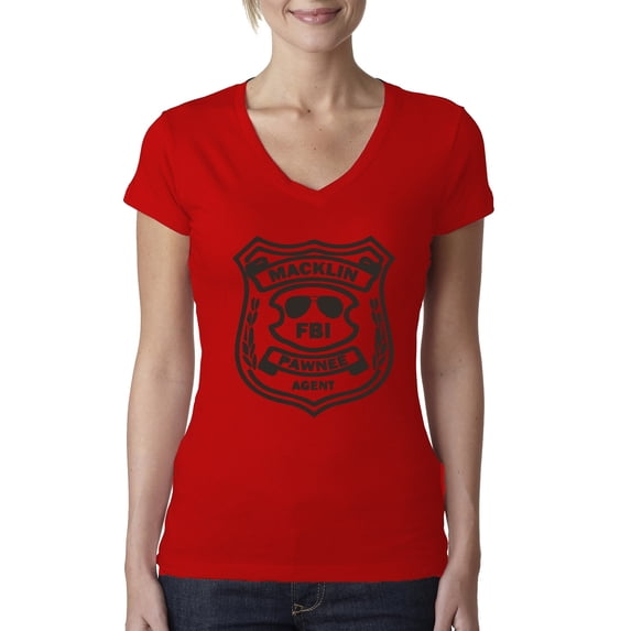 Burt Macklin Parks and Recreation Pop Female Junior Fit V-Neck Tee, Red, Small