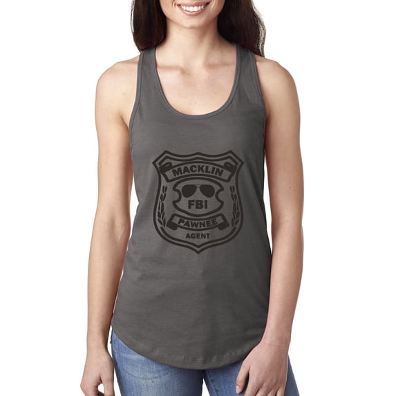 Burt Macklin Parks and Recreation Pop Ladies Racerback Tank Top, Dark Grey, Large