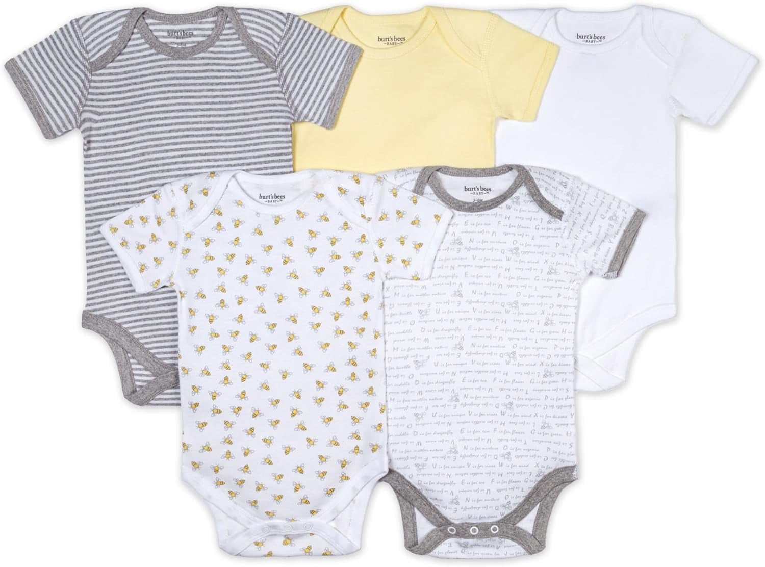 Burt's Bee Baby 100% Organic Cotton Unisex Short Sleeve Variety Bodysuits, 5-pack