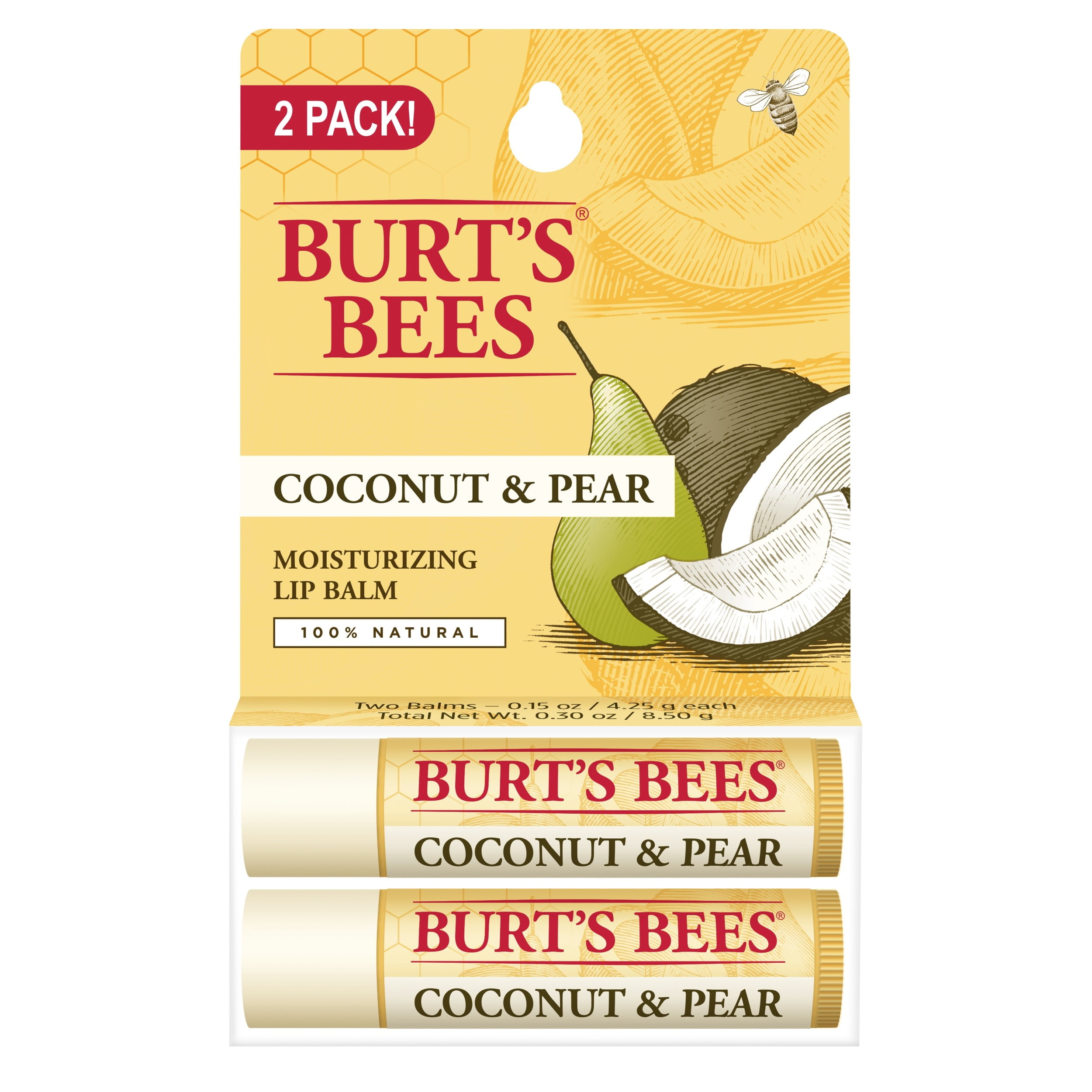 Burt's Bees Coconut & Pear Lip Balm Twin Pack - 2x 0.15 Oz, Feuchtigkeitsspendend Mit Kokosöl & Sheabutter