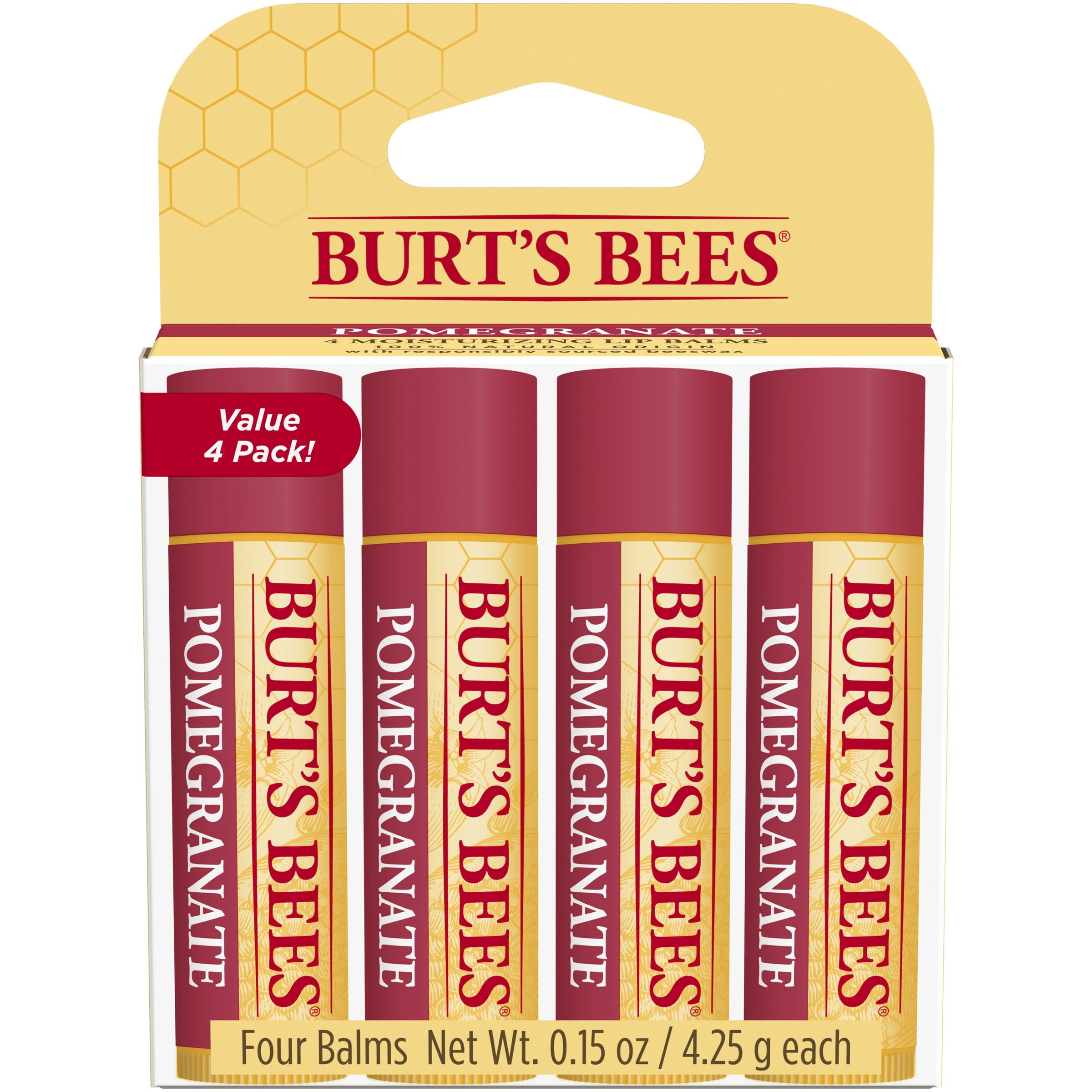 Burt's Bees 100% Natural Moisturizing Lip Balm, Pomegranate, 4 pcs