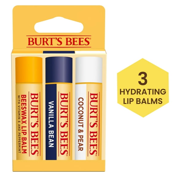 Burt's Bees Beeswax, Vanilla Bean, and Coconut and Pear Lip Balm Pack, Natural Origin Lip Care, 3 Tubes