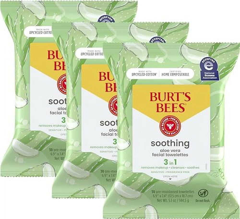 Burt's Bees Aloe Vera Face Wipes, Mothers Day Gifts for Mom for Sensitive Skin, Soothing Makeup Remover & Facial Cleansing Towelettes, 30 Count (Pack of 3)