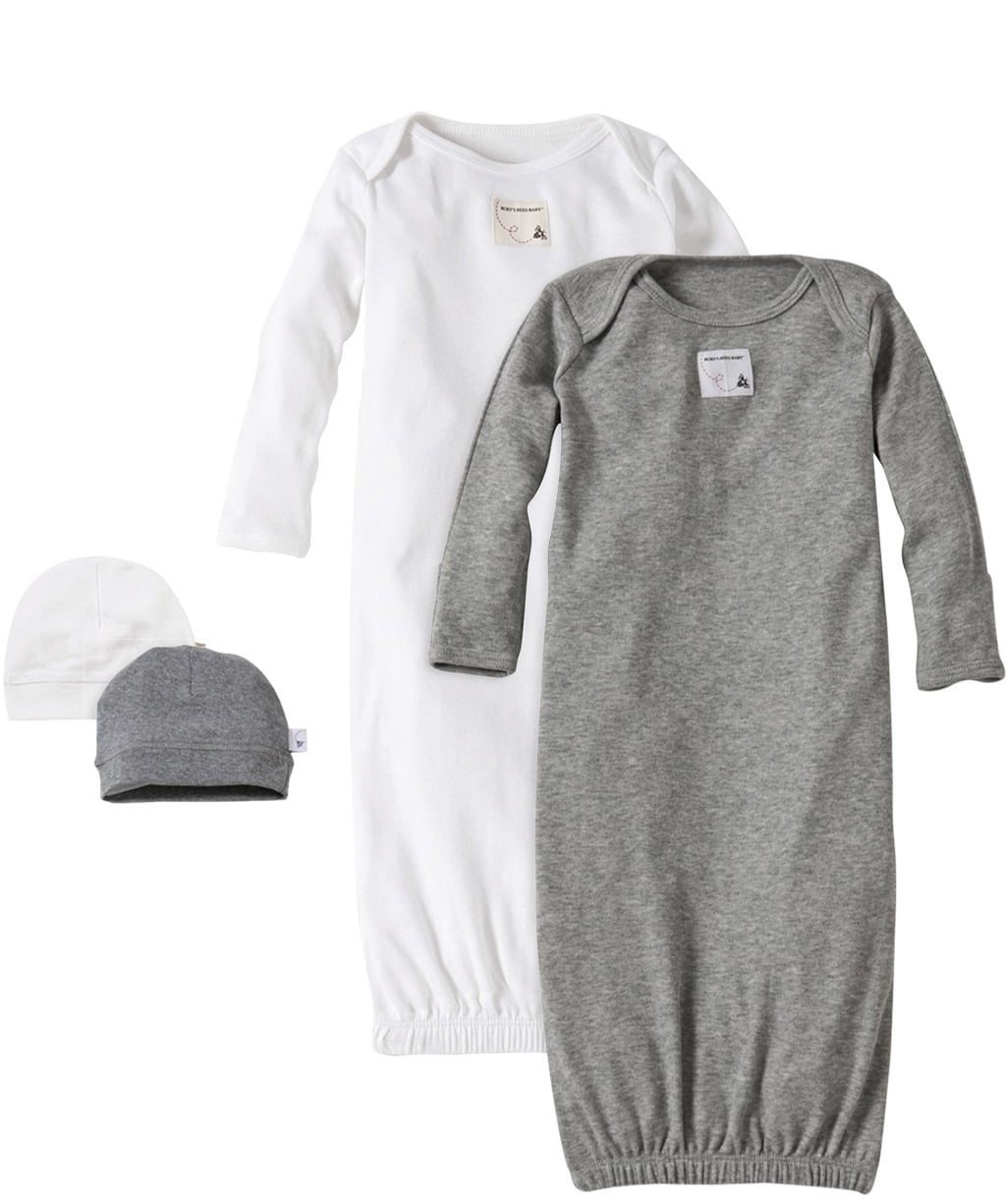 Burt's Bees Baby Newborn Unisex Organic Cotton Baby Gowns & Caps Set, Heather Gray/Cloud, 4-Piece