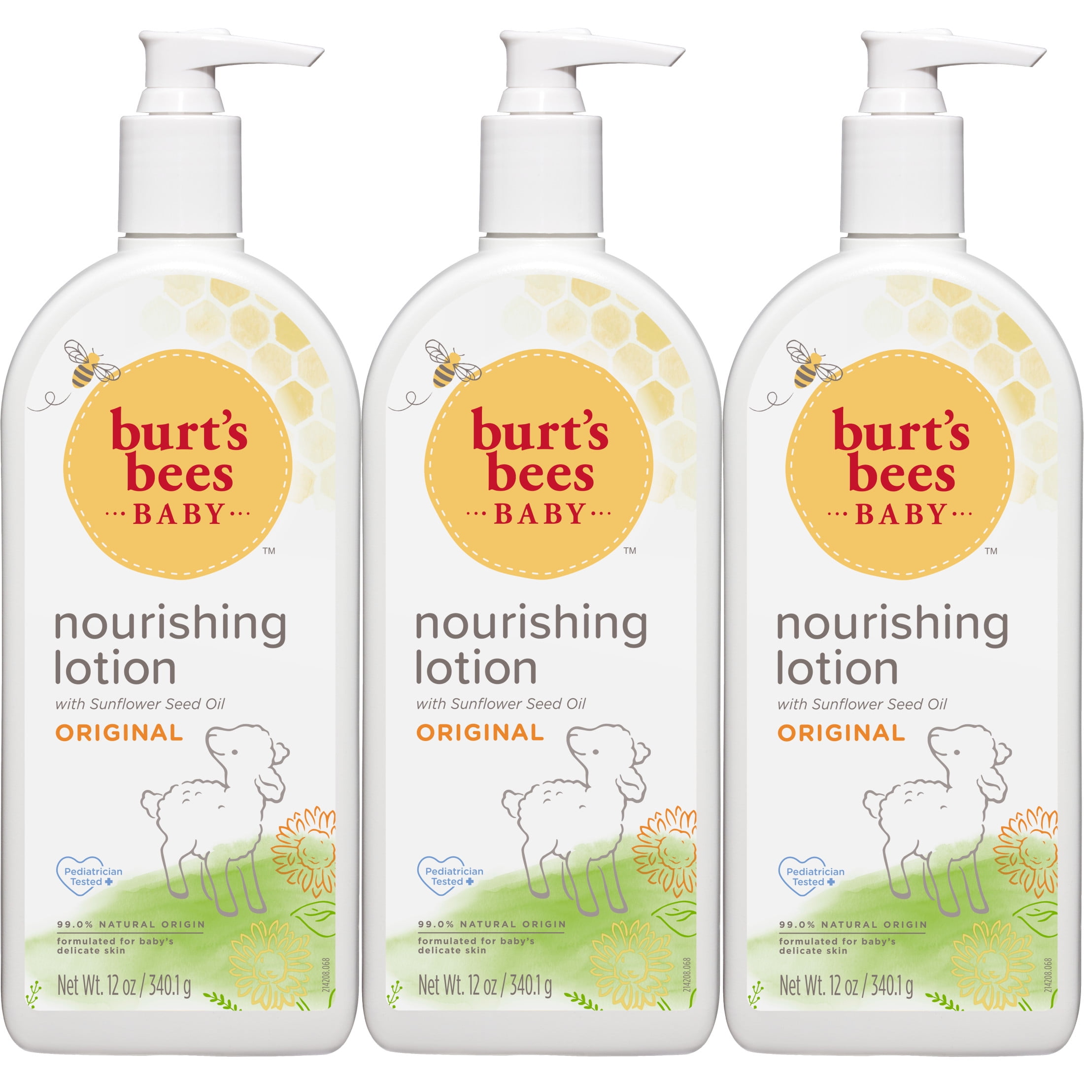 Burt's Bees Baby Nourishing Lotion with Sunflower Seed Oil, Original Scent, Pediatrician Tested, 99.0% Natural Origin, 12 Ounces, Pack of 3