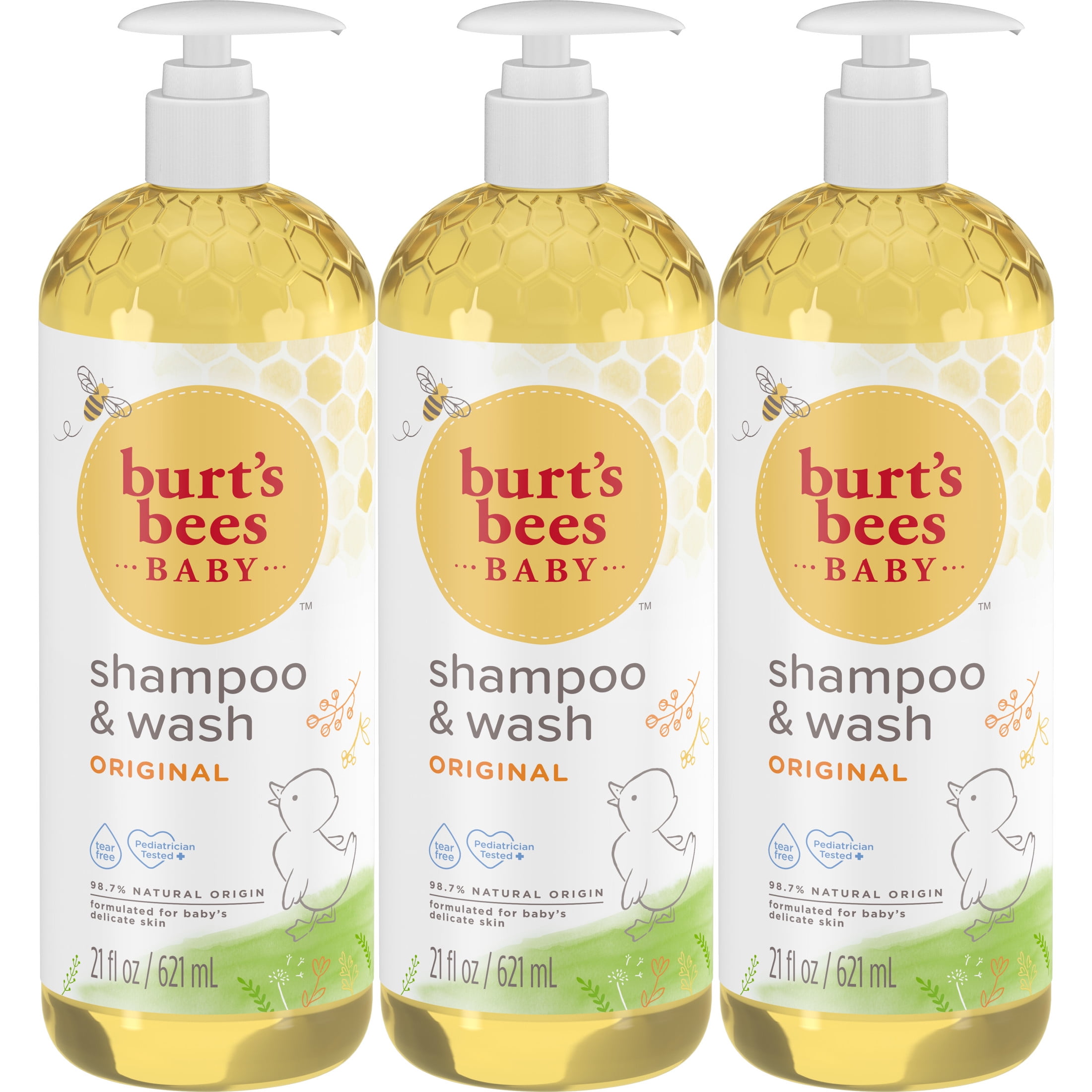 Burt's Bees Baby Shampoo and Wash, Original, Tear Free, Pediatrician Tested, 98.7% Natural Origin, 21 Fluid Ounces Each, 3 Count