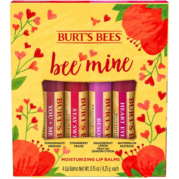 Burt's Bees Bee Mine Lip Balm Gift Set, Strawberry, Dragonfruit Lemon, Pomegranate and Watermelon, 4 Personalized Lip Balms