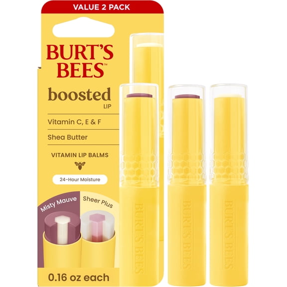 Burts Bees Boosted Lip Balm Value Pack: Misty Mauve + Sheer Plus, 2 Pack, 0.16 oz