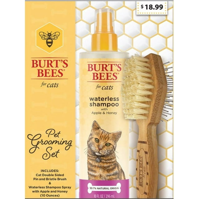 Burt's Bees Cat Grooming Set 2pc Waterless Shampoo Spray Double Sided
