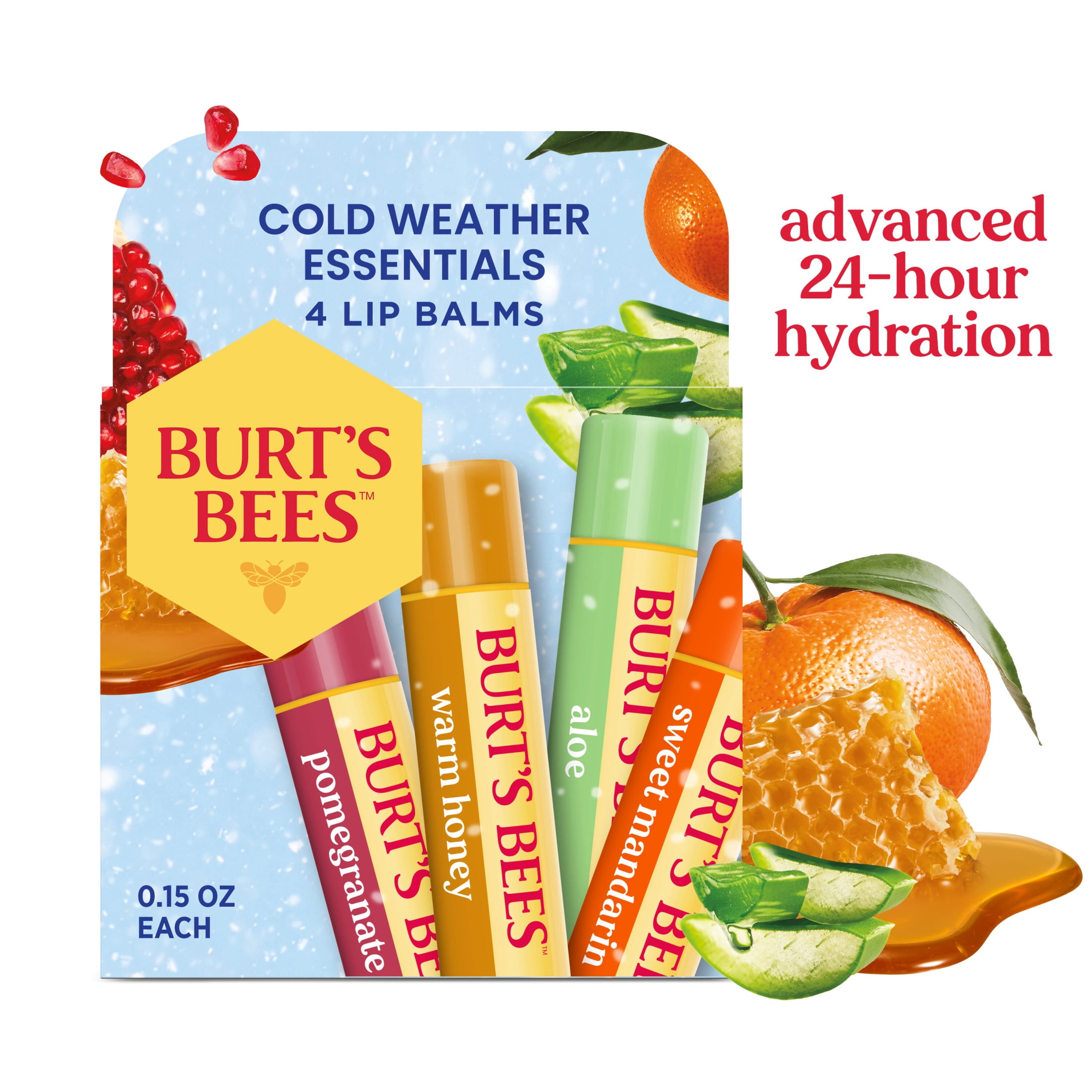 Burt's Bees Cold Weather Essentials 24-Hour Hydrating Natural Lip Balm Value Pack, Walmart Exclusive, 4 Pack
