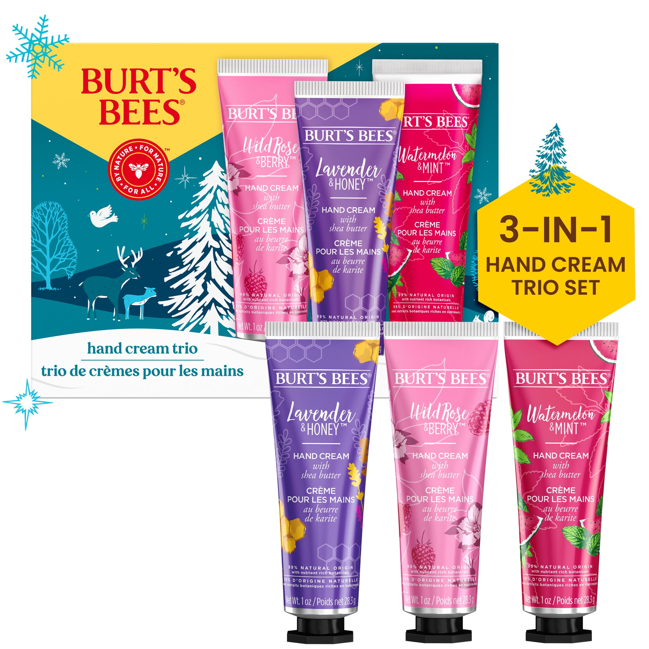 Burt's Bees Hand Cream Trio Gift Set, Lavender and Honey, Wild Rose and Berry and Watermelon and Mint