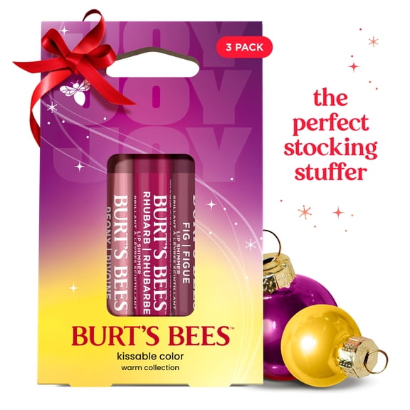 Burt's Bees Kissable Color Warm Lip Shimmer Gift Set Stocking Stuffer with Peony Rhubarb and Fig 3 Lip Shimmer Tubes
