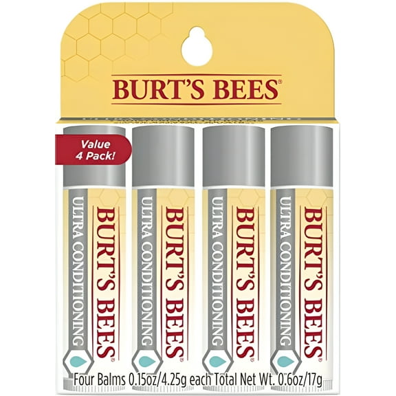 Burt's Bees Lip Balm Stocking Stuffers, Moisturizing Lip Care Christmas Gifts for All Day Hydration, Ultra Conditioning with Shea, Cocoa & Kokum Butter, 100% Natural, 0.15 Ounce Pack of 4