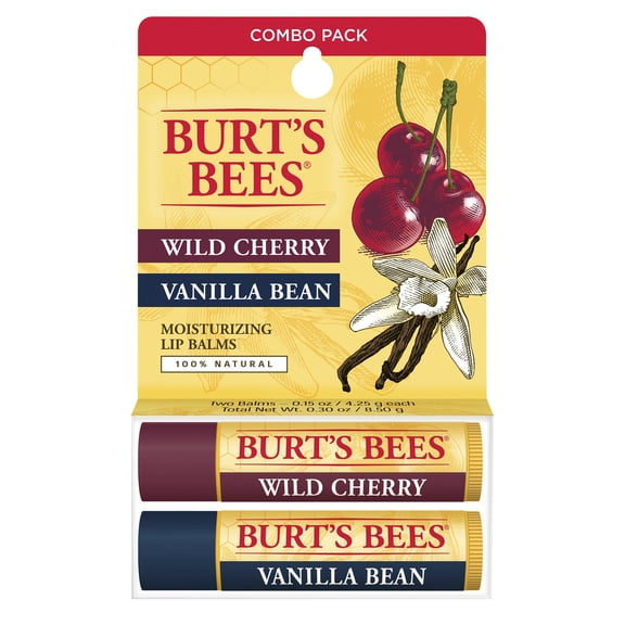 Burt's Bees Lip Balm, Wild Cherry and Vanilla Bean Blister Box, 0.3 Ounce, 2 Count