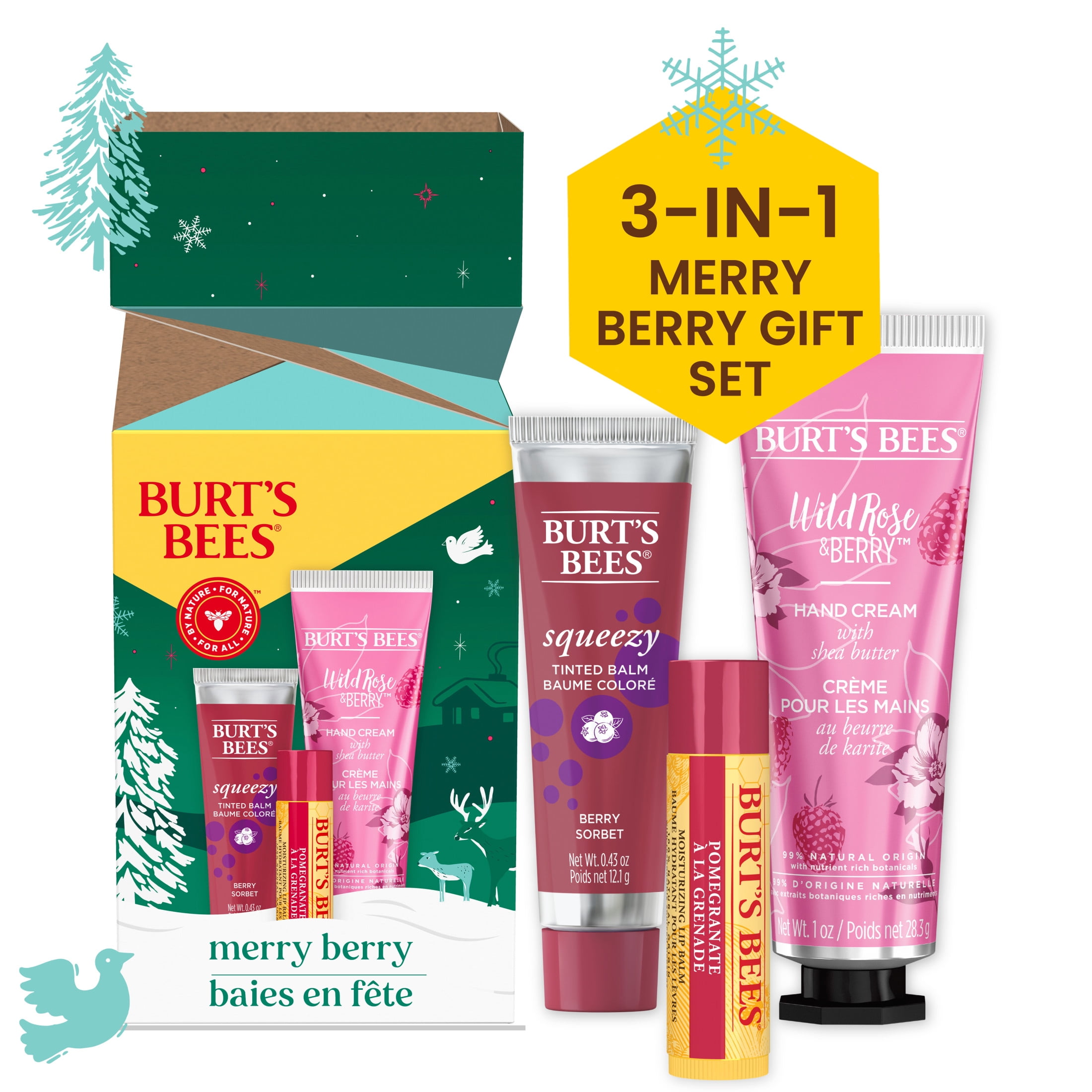 Burt's Bees Merry Berry Gift Set, Lip Balm, Squeeze Tinted Balm and Hand Cream, 1 Gift Set