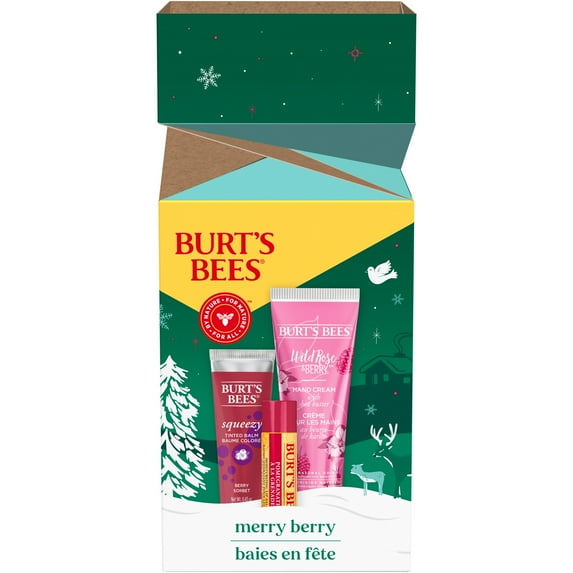 Burt's Bees Merry Berry Lip Balm, Squeezy Tinted Balm and Hand Cream Gift Set, Natural Origin Lip Care and Skin Care, 0.15 oz./0.43 oz./1 oz.