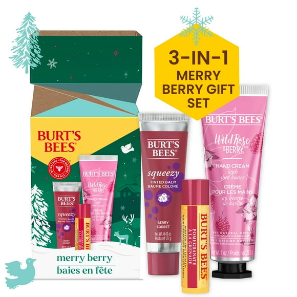 Burt's Bees Merry Berry Holiday Gift Set, Lip Balm, Squeeze Tinted Balm and Hand Cream, 1 Gift Set