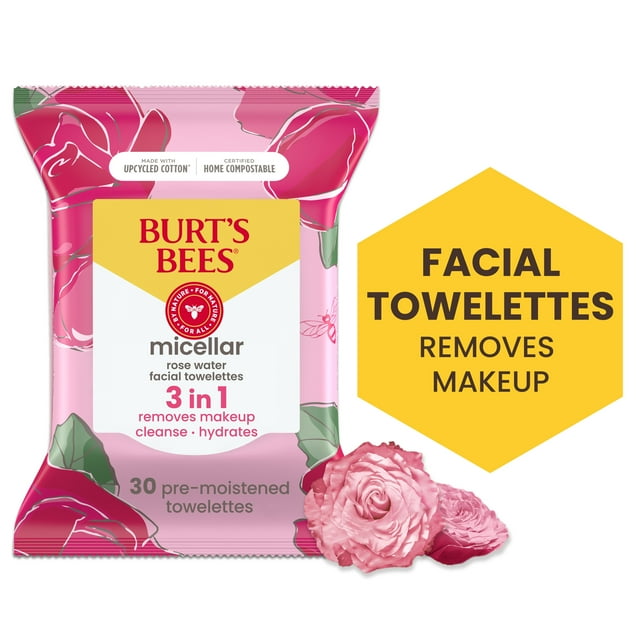 Burt's Bees Micellar 3 in 1 Facial Towelettes with Rose Water, Makeup