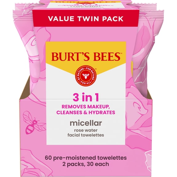 Burt's Bees Micellar Rose Water Facial Towelettes, Two 30 Count Packs