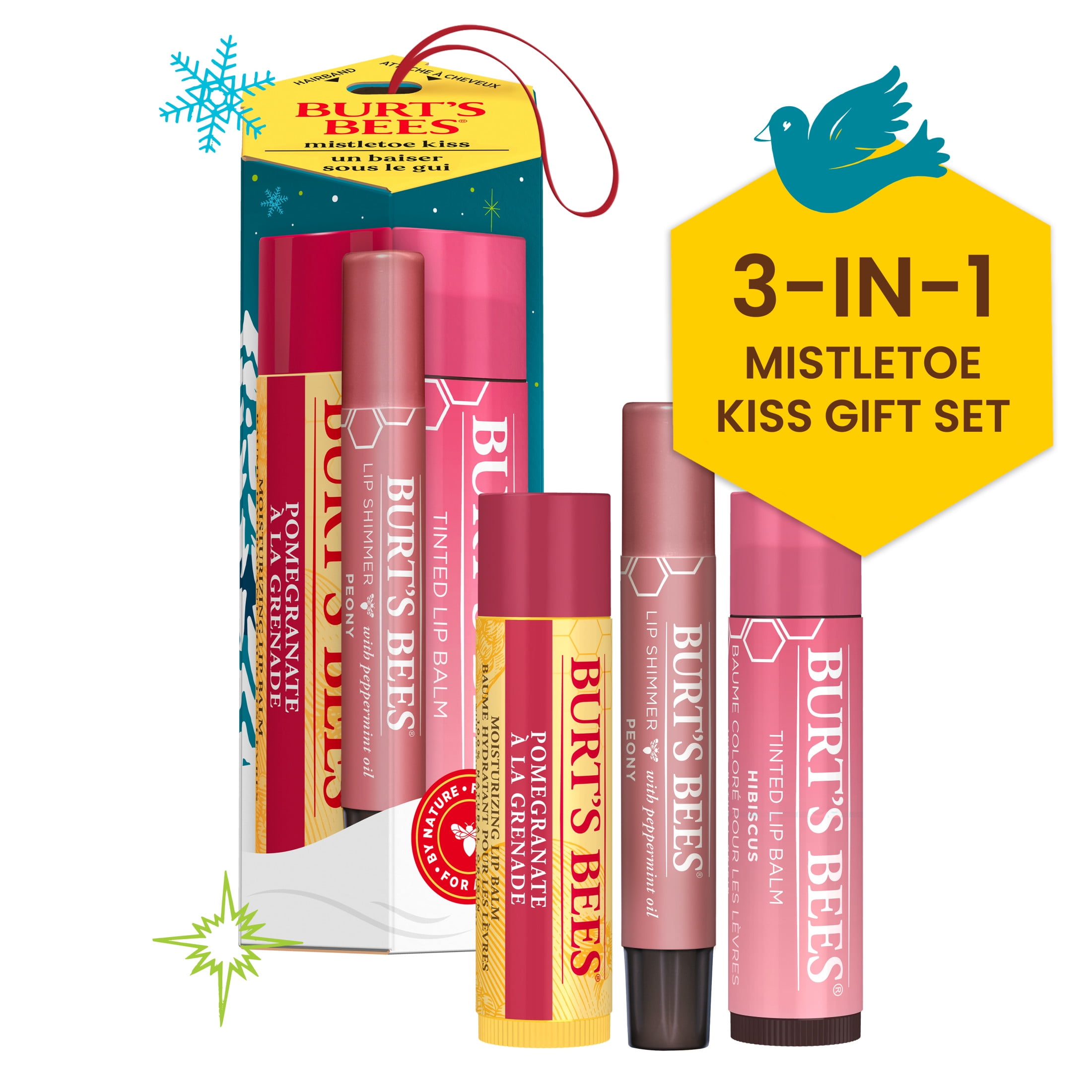 Burt's Bees Mistletoe Kiss Gift Set, Pomegranate Lip Balm, Tinted Lip Balm and Lip Shimmer, 3 Tubes