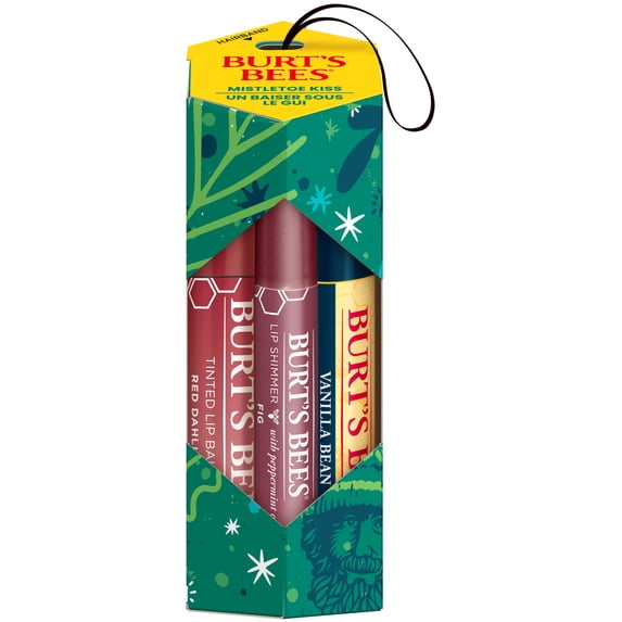 Burt's Bees Lip Balm, Tinted Lip Balm and Lip Shimmer Gift Sets, Mistletoe Kiss, Vanilla Bean/Red Dahlia/Fig, 3-Pack