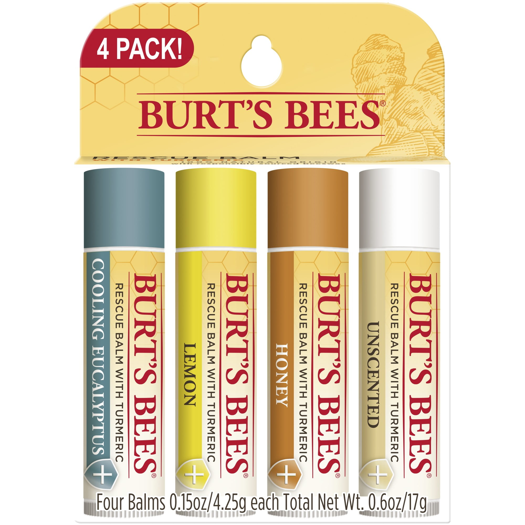 Burt's Bees Rescue Lip Balm, Cooling Eucalyptus, Lemon, Honey ...