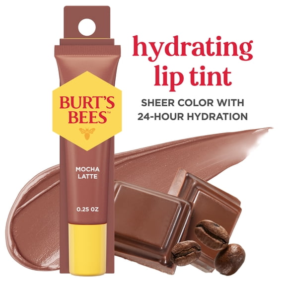Burt's Bees Hydrating Lip Tint, Mocha Latte, Soft Cocoa Flavor with Rich Espresso, 0.25 oz. Squeeze Tube